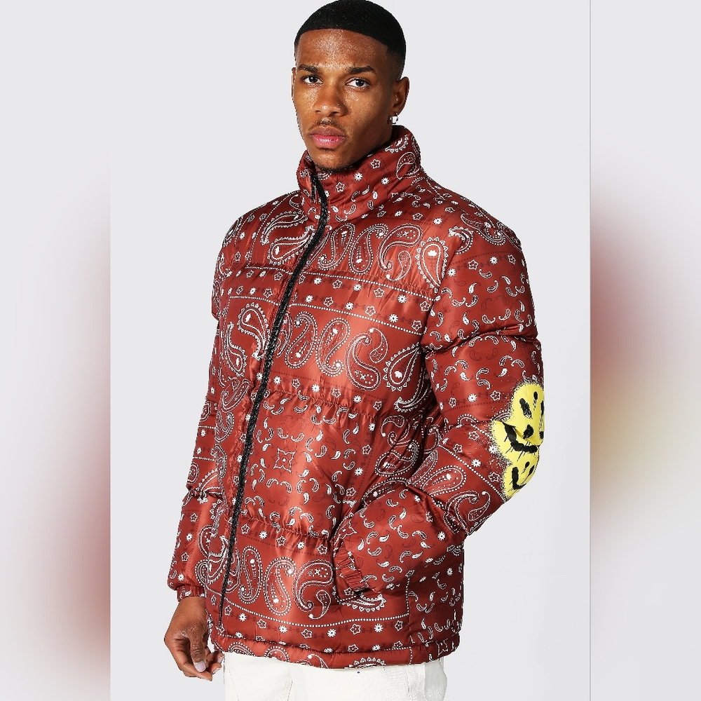 Boohoo Man Melting Smiley Bandana Puffer